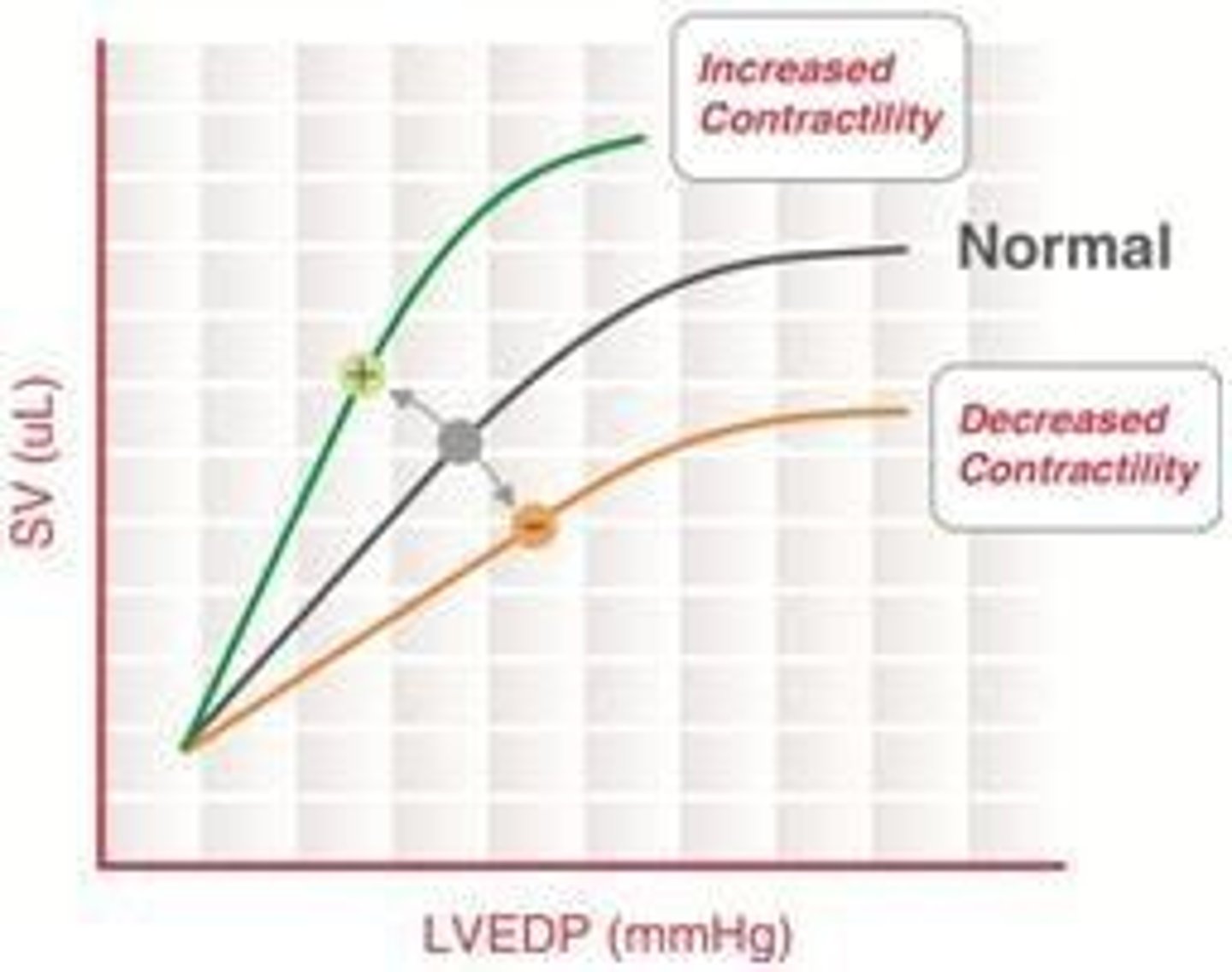<p>Increased inotropy shifts the Frank-Starling curve upwards and leftwards, resulting in increased stroke volume and decreased left ventricular end-diastolic pressure (LVEDP).</p>
