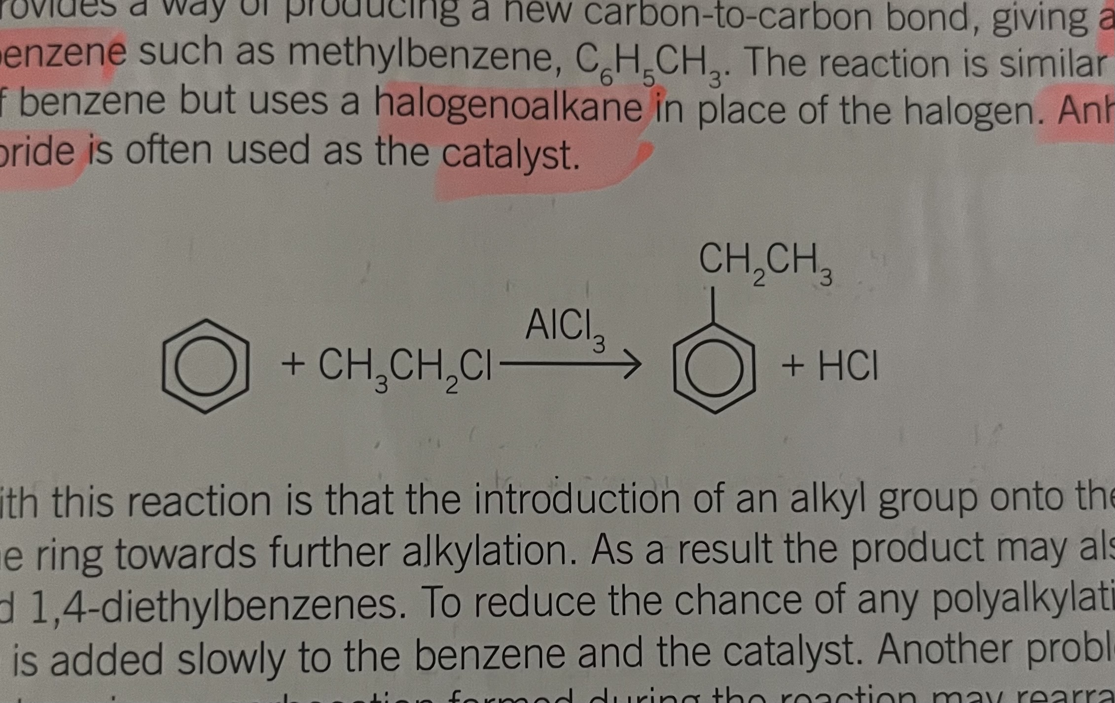<p>Produces new carbon carbon double bond, giving alkyl derivatives of benzene</p><p>anhydrous aluminium chloride as a catalyst</p><p></p>
