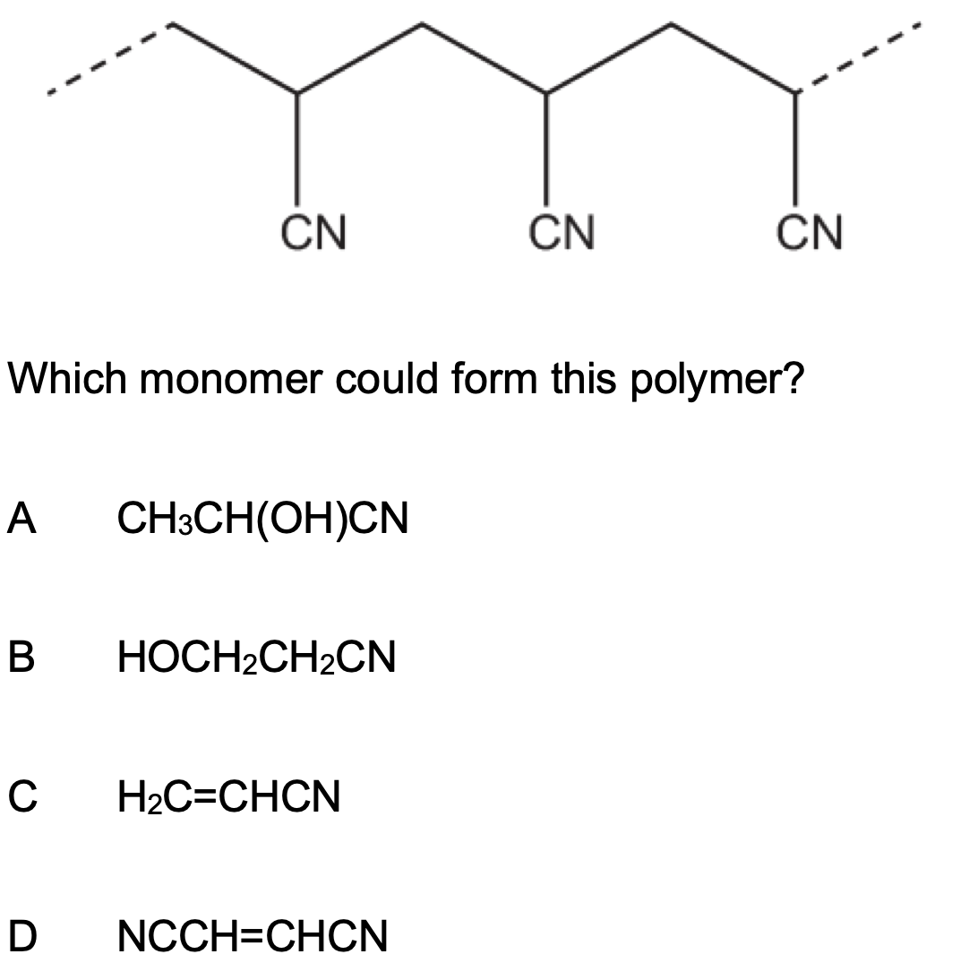 <p>A section of a polymer is shown below.</p><p>Which monomer could form this polymer?</p>