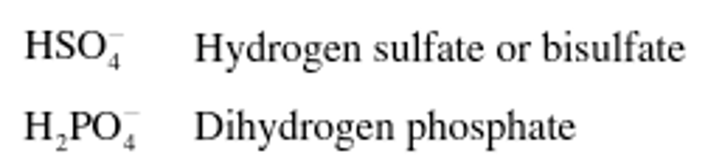 <p>Polyatomic anions often gain one or more H+. The resulting ions are named by adding hydrogen or dihydrogen in front of the anion's name.</p><p>older convention is bi- prefix (bisulfate HSO4-)</p>