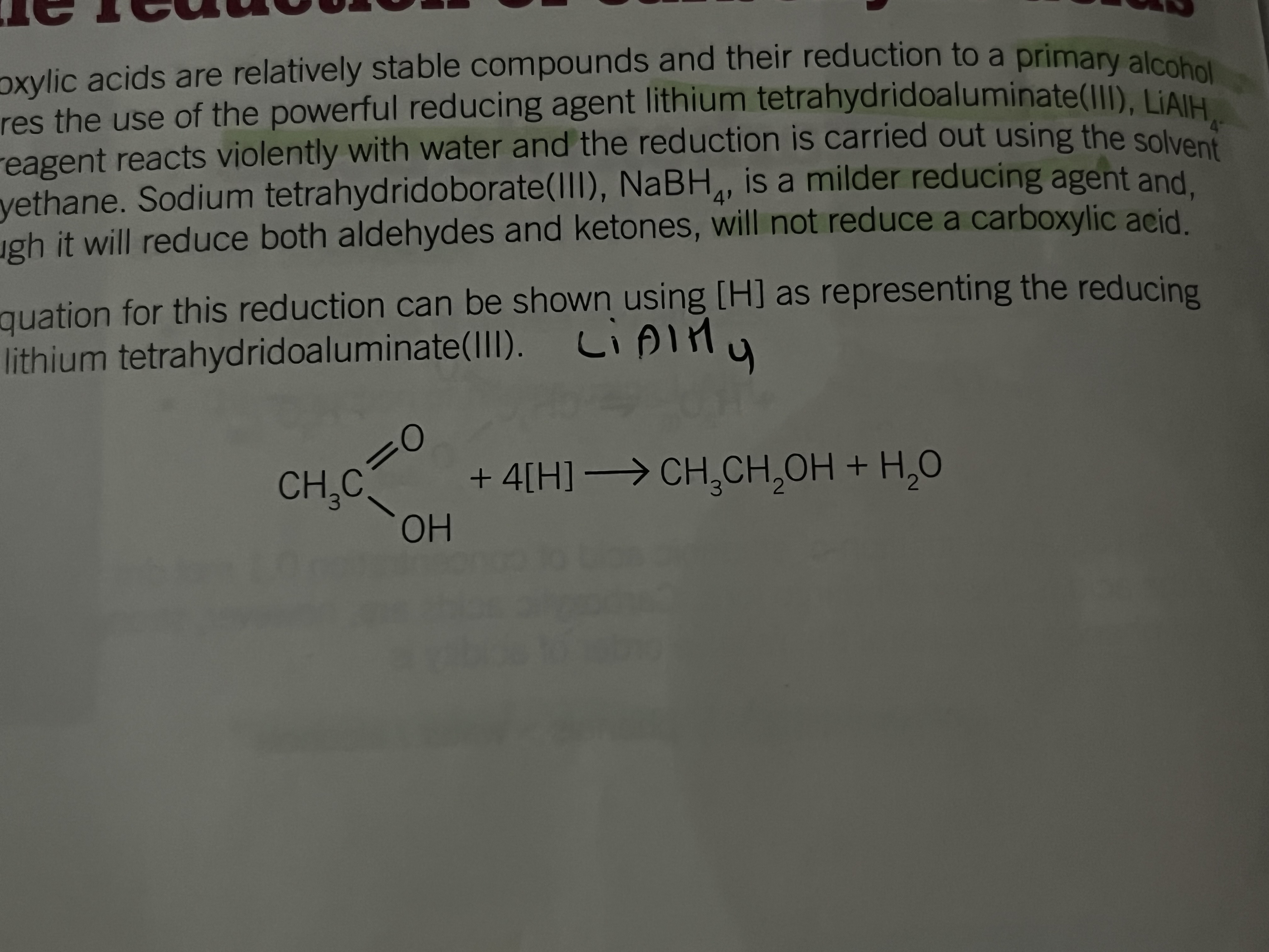 <p>Carboxylic acids are relatively stable compounds and their reduction to a primary alcohol requires the use of lithium tetrahydridoaluminate(III) ( LiAlH4)</p><p>reagent reacts violently with water and the reduction is carried out by using the solvent ethyoxethane</p>