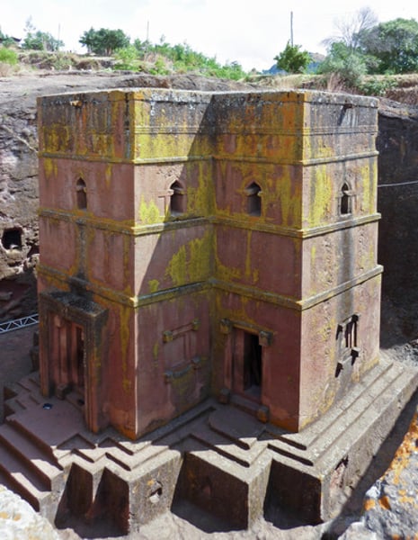 <p>Labelila, Ethiopia; volcanic stone; cut 45 feet into ground; used as a Catholic church; African art</p>