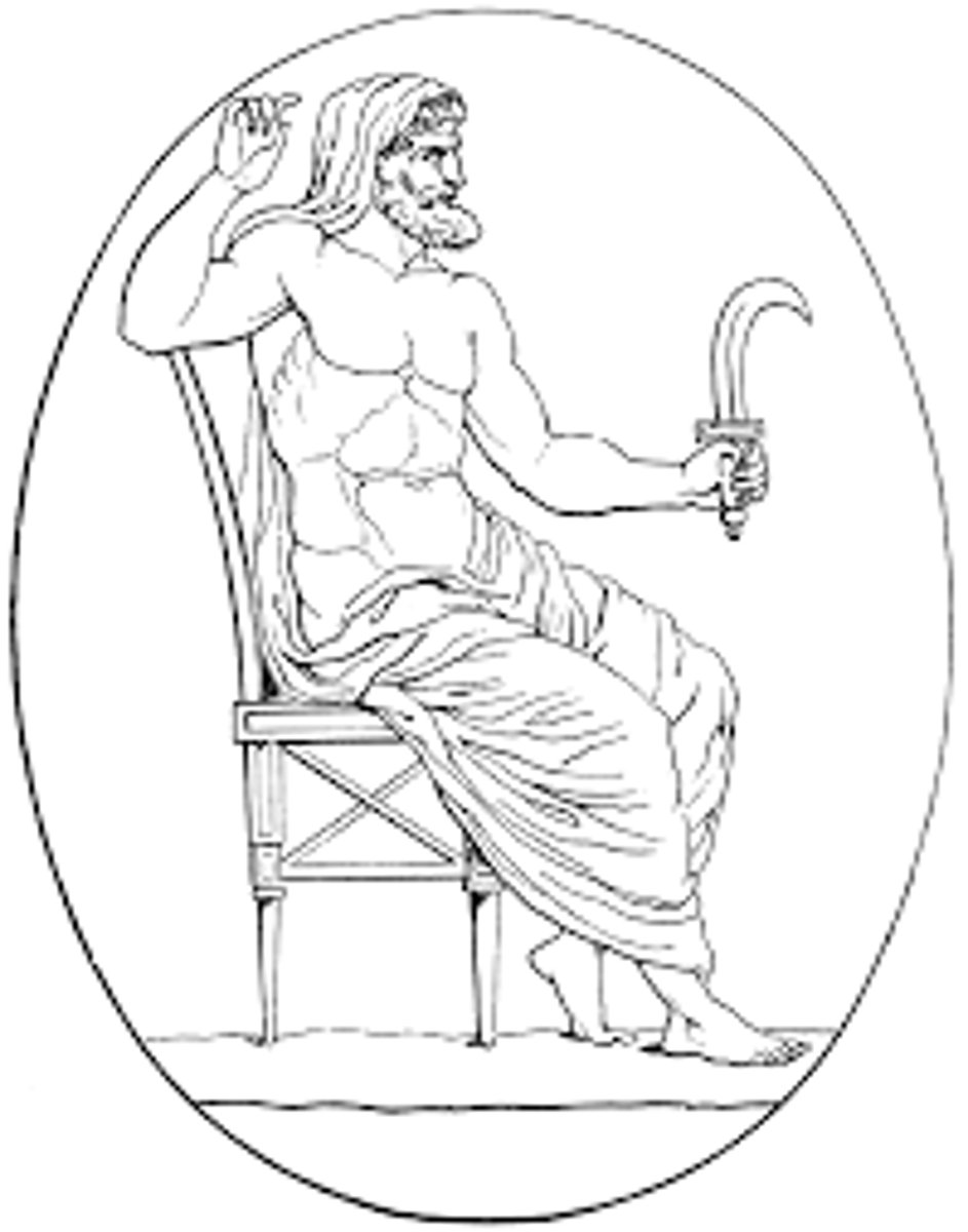 <p>Greek Titan ruler of the universe; father of Zeus- overthrown by his son Zeus</p>