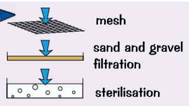 <ul><li><p>even if has low levels of dissolved substances, water from these fresh water sources still need to be treated to make it safe before it can be used. This process includes:</p><ul><li><p>filtration → wire mesh screens out large twigs ect, &amp; then gravel &amp; sand beds filter out any other solid bits</p></li><li><p>sterilisation → water is sterilised to kill any harmful bacteria/ microbes. Can be done by bubbling chlorine gas through it or by using ozone or ultraviolet light</p></li></ul></li></ul>