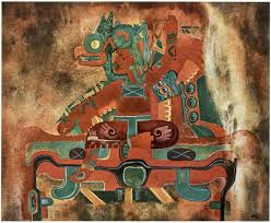 <p>Middle Formative. 33ft over the cave entrance. Wearing green bird suit, but we can see face and limbs like an x-ray. Jade nose plug and feathers. Bird eye was likely inlaid with precious stone. Throne resembles Altar 4.</p>
