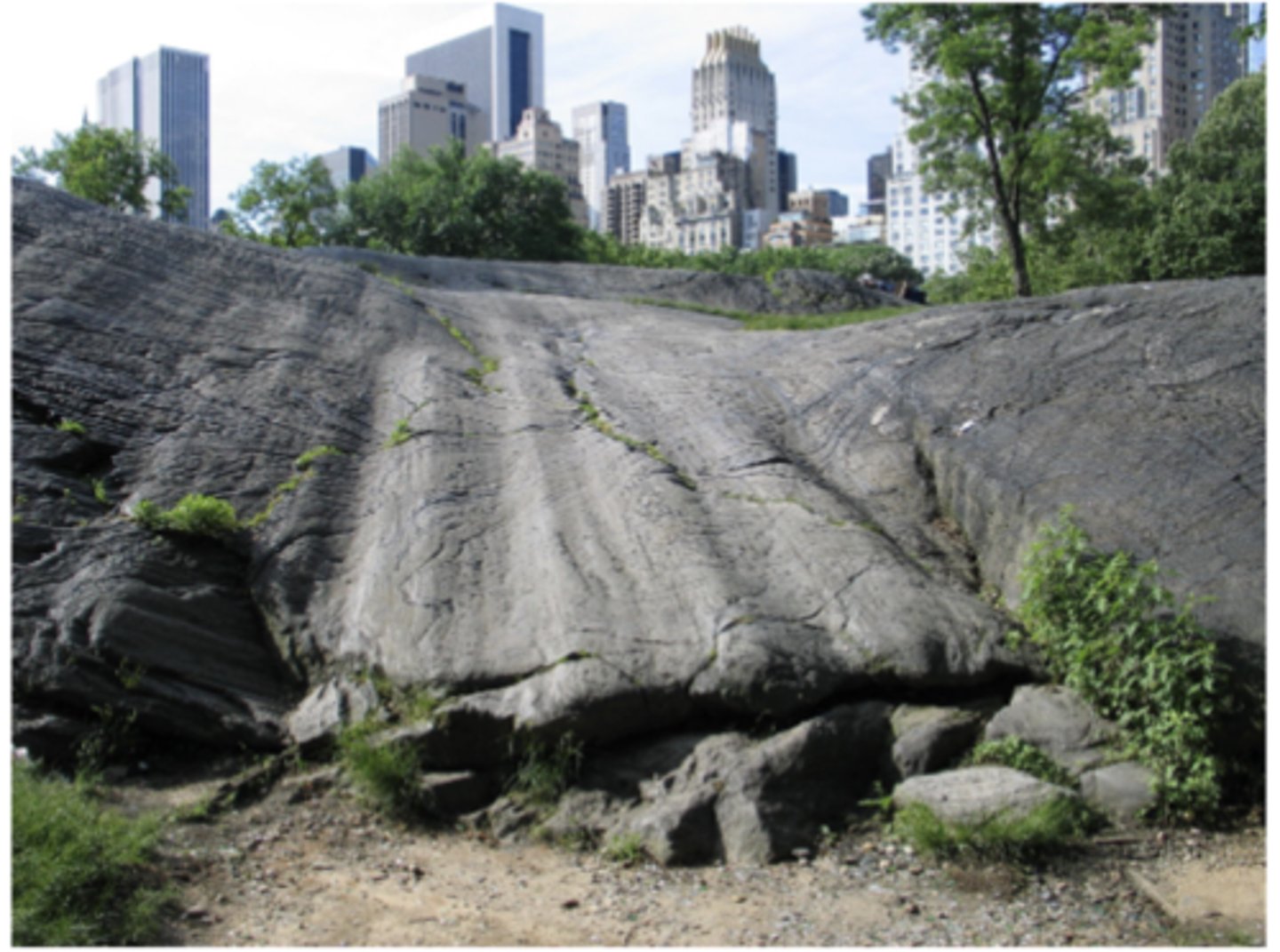 <p>Long, parallel scratches or grooves in rock formed when a glacier moved across the land, dragging rocks, gravel, and ice at its base which show the direction of ice flow; for ex, the striations in Central Park were left by the Laurentide Ice Sheet during the last Ice Age</p>
