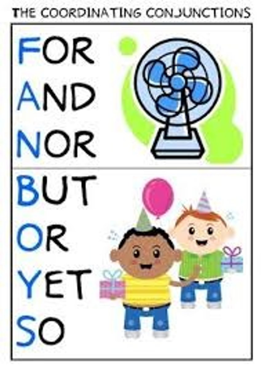 <p>Joins two independent clauses together. They link units of equal status e.g. two noun phrases. Can be remembered using FANBOYS</p>