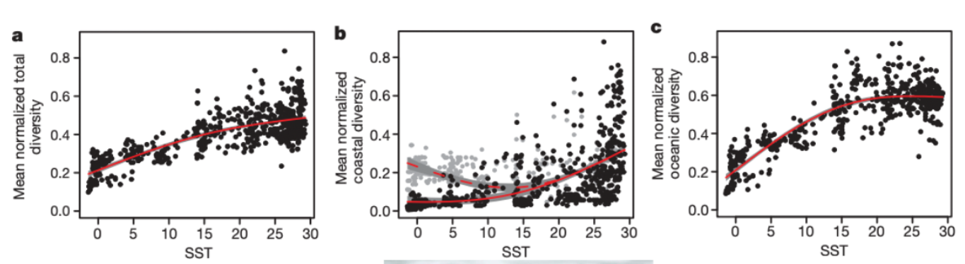 <p>latitude based, cold at the poles, warm at the equator</p><p>graph is sea surface temperature vs amt of biodiversity * increasing diversity with increasing temperature</p><p>pinnipeds adapted to colder environments</p>