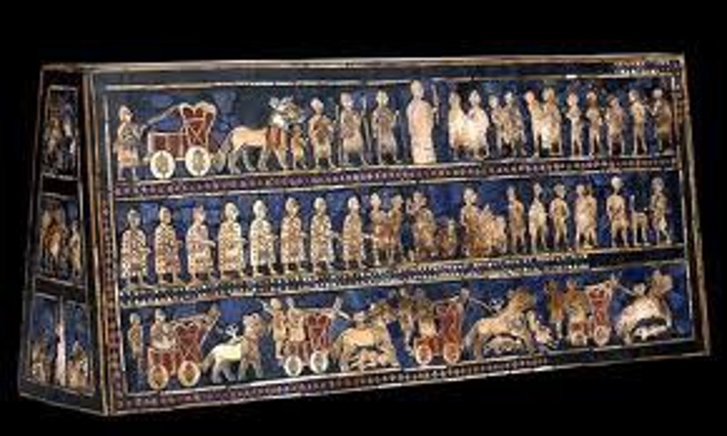 <p>Iraq, Sumerian, 3500-2300 BC. Scenes of war and peace. Three registers. Twisted perspective. Mosaic image. Lapis lazuli. Found in "Royal Cemetery".</p>