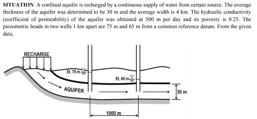 <p>Determine the rate of the flow through the aquifer in cubic meters per day.</p><p>A. 600 000</p><p>B. 150</p><p>C. 166 667</p><p>D. 20 000</p><p>Evaluate the seepage velocity in meters per day.</p><p>A. 2</p><p>B. 5</p><p>C. 40</p><p>D. 20</p><p>Estimate the time of travel, in days, from the head of the aquifer to a point 4 km downstream.</p><p>A. 160</p><p>B. 800</p><p>C. 200</p><p>D. 100</p>