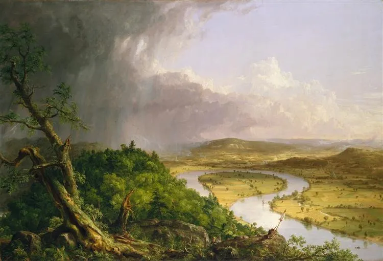 <ul><li><p><strong>ID:</strong> Thomas Cole, 1836 CE, Oil on canvas, USA</p></li><li><p><strong>Content:</strong> A panoramic view of stormy wilderness transitioning into cultivated farmland.</p></li><li><p><strong>Function:</strong> Highlights the balance between untamed nature and human expansion.</p></li><li><p><strong>Context:</strong> Part of the Hudson River School movement, emphasizing American landscapes.</p></li><li><p><strong>Form:</strong> Detailed rendering, atmospheric perspective, contrast between wild and tamed landscapes.</p></li></ul><p></p>