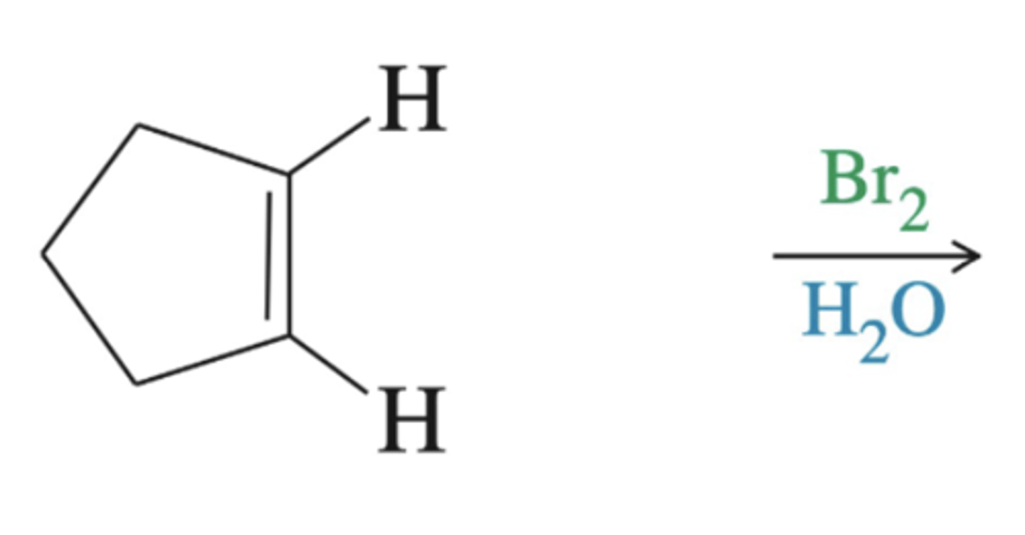 <p>alkene + Br2, H20</p>