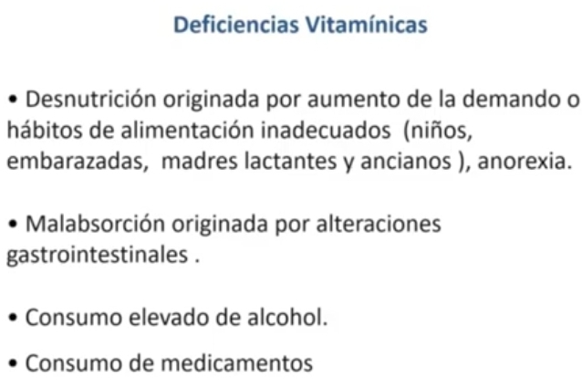 <ul><li><p>desnutrición o bajo consumo los RDAs</p></li><li><p>alcoholismo (da problemas de absorción de nutrientes y degradación)</p></li><li><p>problemas de absorción (por enfermedad)</p></li><li><p>interferencia con drogas o alimentos que degradan ciertas vitaminas</p></li></ul><p></p>