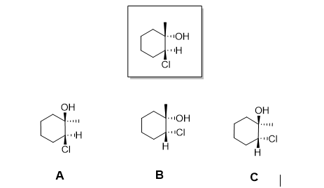 <p>How many total choices (A-C) are diastereomers of the alcohol shown in the box?</p><p>A) 1</p><p>B) 2</p><p>C) 3</p>
