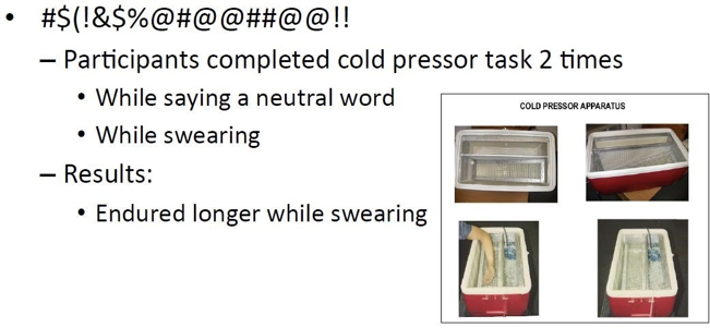 <p>Swearing </p><ul><li><p>Participants completed cold pressor task 2 times </p><ul><li><p>While saying a neutral word </p></li><li><p>While swearing </p></li></ul></li><li><p>Results: endured longer while swearing </p></li></ul><p><span>Cold pressor, one with control word, and one with swearing (lasted longer when swearing)</span></p>