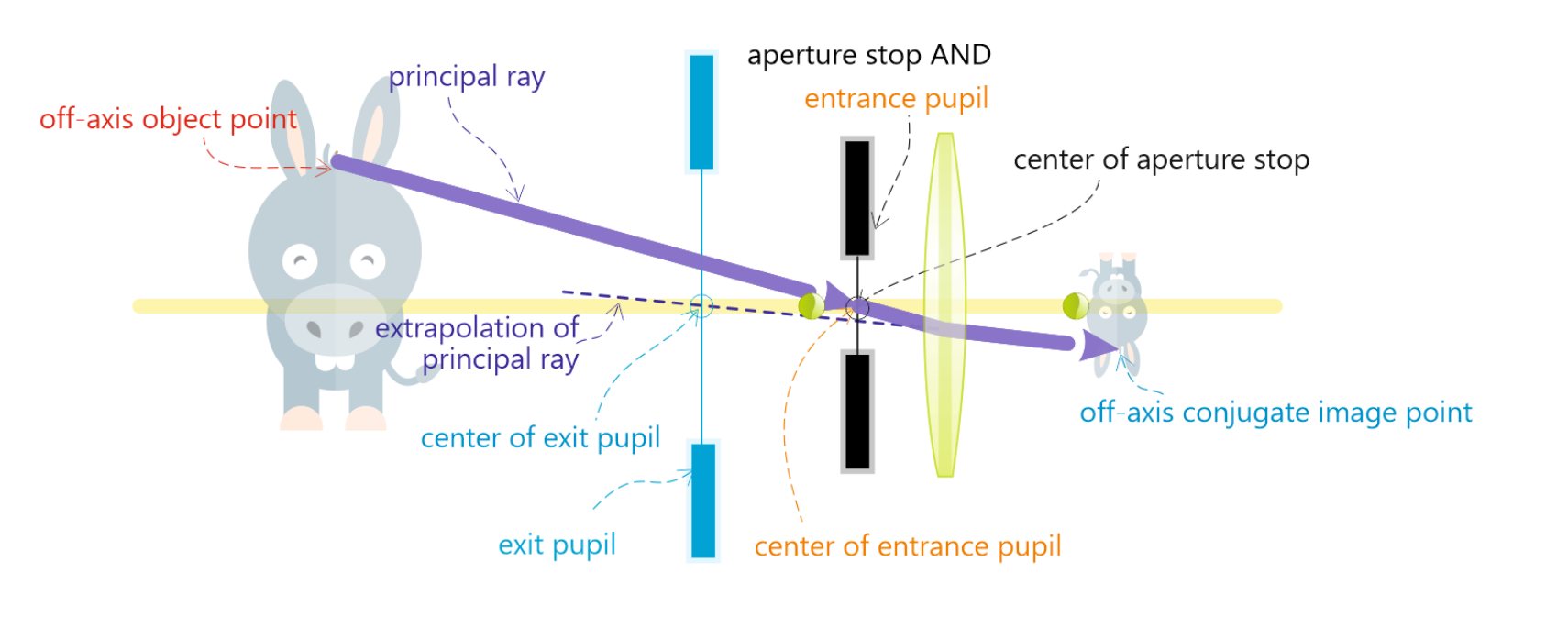 <ul><li><p>Ray from <u>off-axis</u> object point → Center of entrance pupi → Lens</p></li><li><p>Ray = Refracted at lens</p><ul><li><p>Refracted towards center of the exit pupil</p></li></ul></li></ul><p></p>