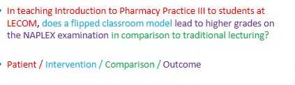 <p><strong>PICO method</strong></p><ul><li><p>P- patient, population, program, or problem</p></li><li><p>I- intervention</p></li><li><p>C- comparison</p></li><li><p>O- outcome</p></li></ul><p></p>