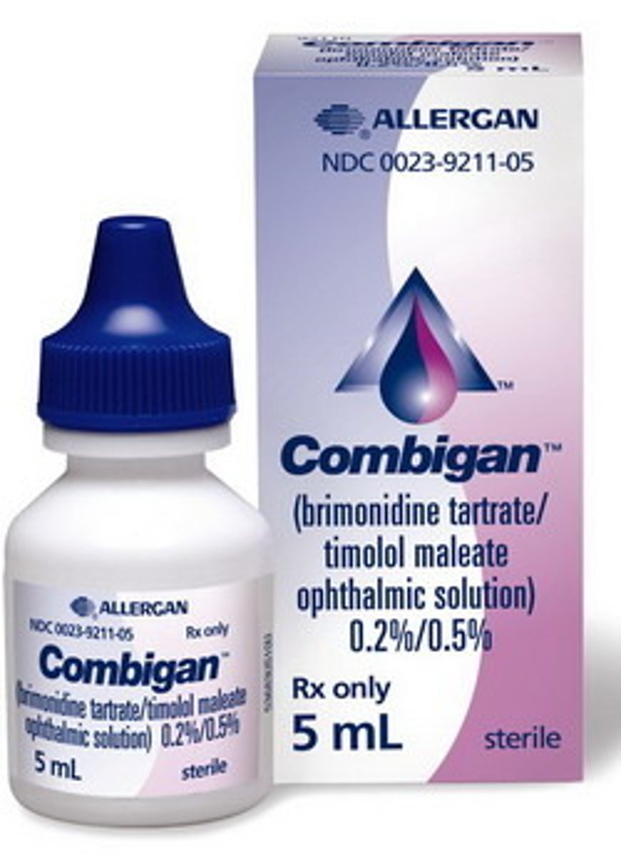 <p>Combigan</p><p>brimonidine (alpha2-agonist) and timolol (beta1 blocker)</p><p>decrease aqueous humor (glaucoma)</p>