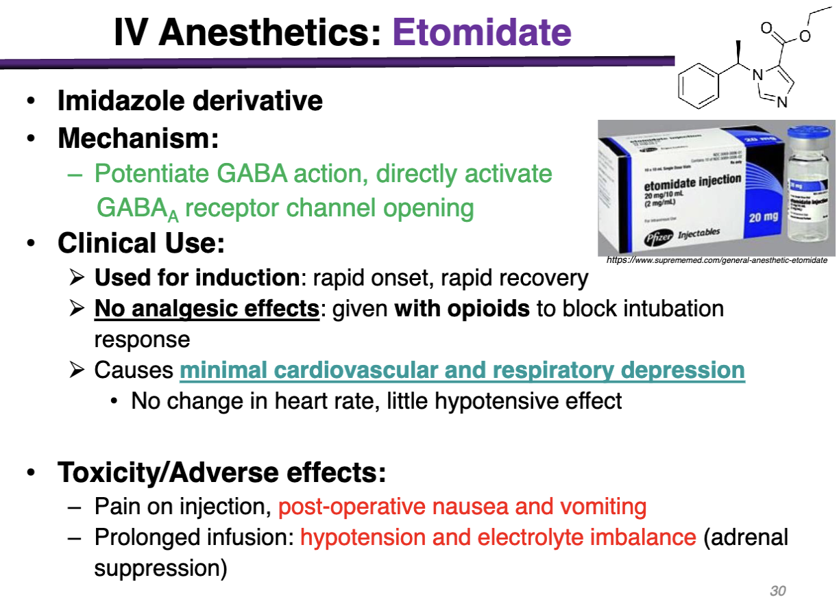 <ul><li><p>Used for induction: rapid onset, rapid recovery</p></li><li><p><strong>No analgesic effects:</strong> given with opioids to block intubation response</p></li><li><p>Causes minimal cardiovascular and respiratory depression</p><ul><li><p>no change in HR, little hypotensive effect</p></li></ul></li></ul><p></p><p>Toxicity: Pain on injection, post-operative N&amp;V</p><ul><li><p>Prolonged infusion can cause hypotension and electrolyte imbalance</p></li></ul><p>No analgesic effect</p>