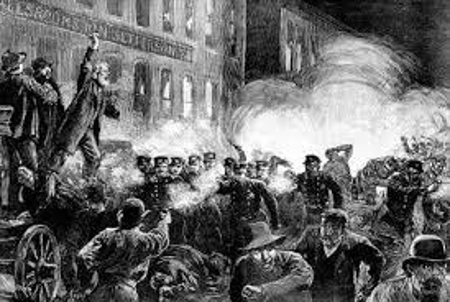 <p>bomb is thrown at a squad of policemen attempting to break up a labor rally. The police responded with gunfire, killing several people in the crowd and injuring dozens more. It set off a national wave of hysteria, as hundreds of foreign-born radicals and labor leaders were rounded up in Chicago and elsewhere. A grand jury indicted 31 suspected labor radicals in connection with the bombing, and eight men were convicted. The Knights of Labor were also blamed for the riot which decrease their popularity.</p>
