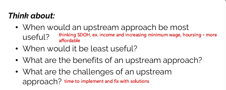 <ul><li><p>this is keeping people out of the river</p></li><li><p>prevention, protection</p></li><li><p>targets SDOH</p></li><li><p>helps to address health inequities, issues of social justice</p><ul><li><p>policy, laws environmental protection</p></li></ul></li></ul><p></p>