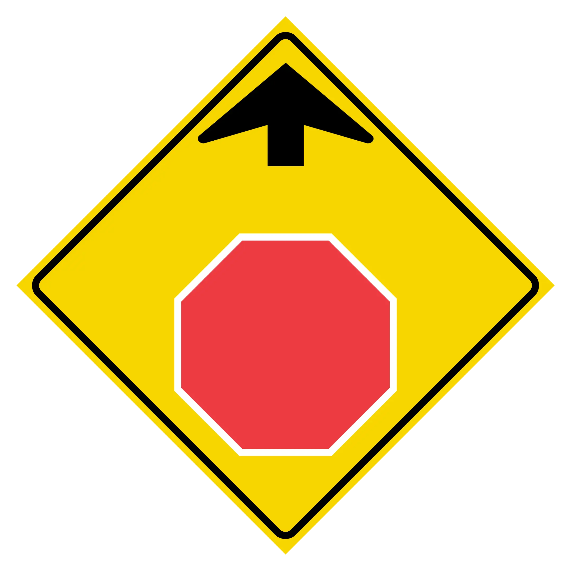 <p>What exactly does this sign mean? (Yellow diamond with an arrow pointing up above a stop sign inside)</p>