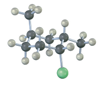 <p>Identify each substituent in the following compound as axial or equatorial, and tell whether the conformation shown is the more stable or less stable chair form (green = Cl):</p>