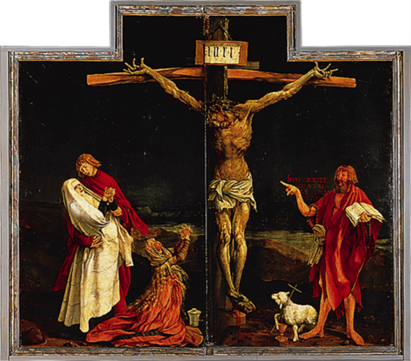 <p>Matthias Grunewald, 1515 AD</p><p>in Colman, Germany, made for the chapel of a hospital (Isenheim Altarpiece) to remind the patients of the suffering of their high priest</p>