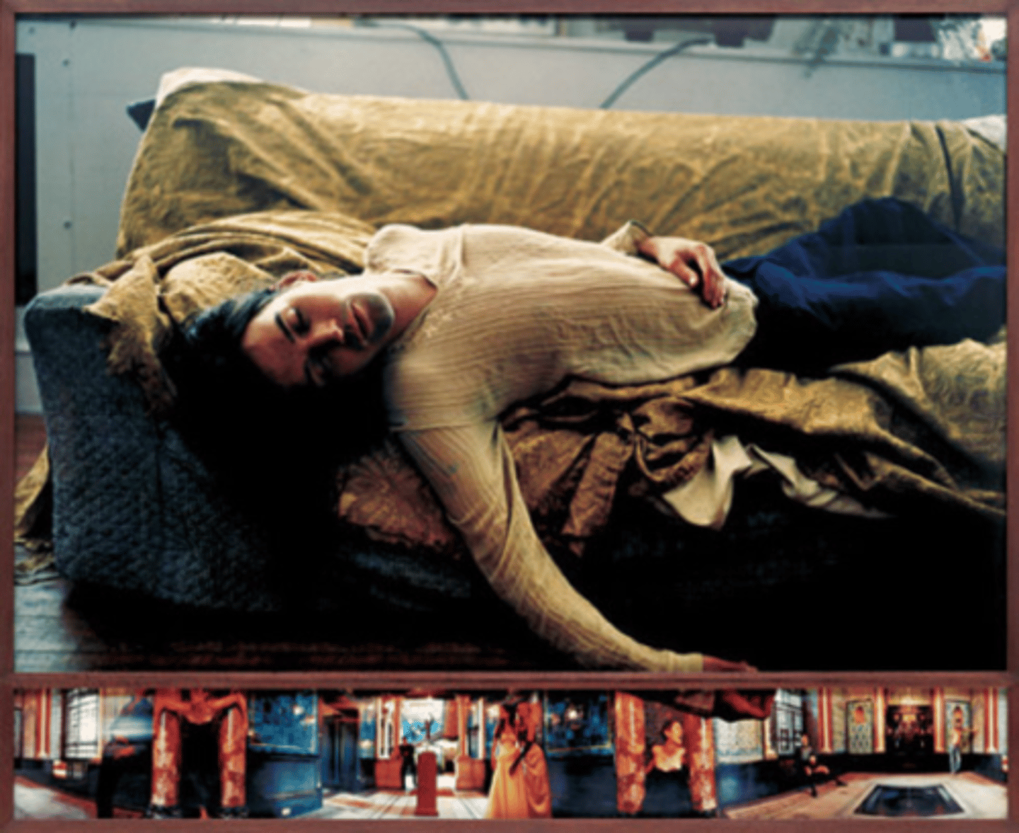 <p>Sam Taylor Wood (Pictorial Photography)</p><ul><li><p>contrasts celebrity/fantasy vs. reality</p></li><li><p>reflects late 1990’s trends of cinematic photography,</p></li></ul><ul><li><p><strong>1 Story:</strong> Large portrait with “dream strip” portraying internal fantasy narrative.</p></li><li><p><strong>2 Changes:</strong> Part of pictorial/post-cinematic photography (Art Since 1900: 1990s).</p></li><li><p><strong>3 Context:</strong> Addresses subjectivity, desire, and media staging of identity.</p></li><li><p><strong>4 New Approaches:</strong> Combines cinematic montage with still photography.</p></li></ul><p></p>