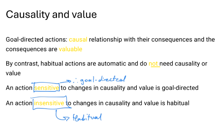 <p>Goal</p><ul><li><p>Have causal relo w. outcome</p></li><li><p>Deem outcome w. <strong>VALUE</strong></p></li><li><p>Thus sensitve to change in causality/value</p></li></ul><p></p><p>Habitual</p><ul><li><p>Insensitive to change —&gt; no cause or value</p></li><li><p>Can obtain via overtraining</p></li></ul><p></p>