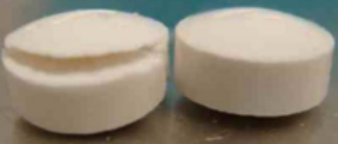 <ul><li><p><strong><u>Separation</u> of a portion of upper or lower tablet</strong></p></li><li><p>Due to:</p><ul><li><p><strong>Air Entrapment </strong>- presence of air in granules before compression</p></li><li><p><strong>Excessive Fine Granules</strong>&nbsp;- excessive fines, doesn’t follow the golden ratio</p></li></ul></li></ul><p></p>