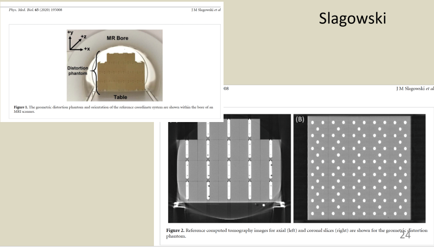 <p>A geometric distortion phantom for MRI typically consists of a large, rigid structure with a known 3D grid of fiducial markers (e.g., spheres or rods) filled with MR-visible material and arranged at precisely known spatial locations across a large field of view. MR images of the phantom are acquired and the measured positions of the fiducials are compared to their known true positions (or to a CT reference), allowing quantification of spatial distortion as a function of distance from isocentre.</p>