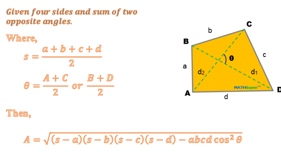 sq[ (s-a) (s-b) (s-c) (s-d) - abcd*cos^2(θ) ]
