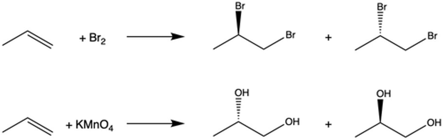 <p>When KMnO4 is added to an alkene, the dark purple color of the reagent disappears. Additionally, a dark brown solid appears (the byproduct MnO2).</p>