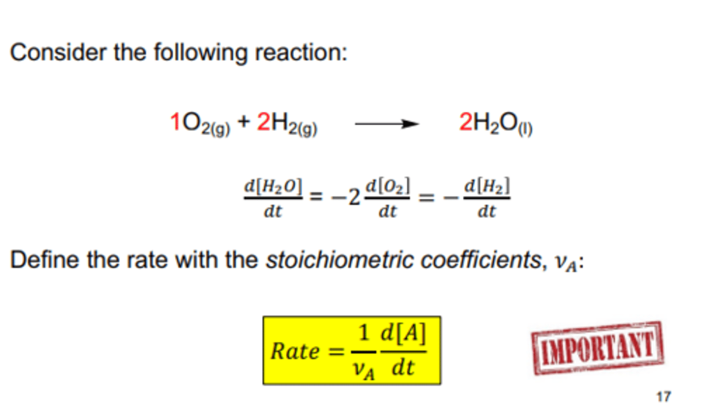 <p>Define the rate with the stoichiometric coefficients, 𝜈𝐴:</p><p>Always define the rate of a reaction with a stoichiometric coefficient (number in front of the molecule), if its on the products side its positive if its on the reactant side its negative</p>