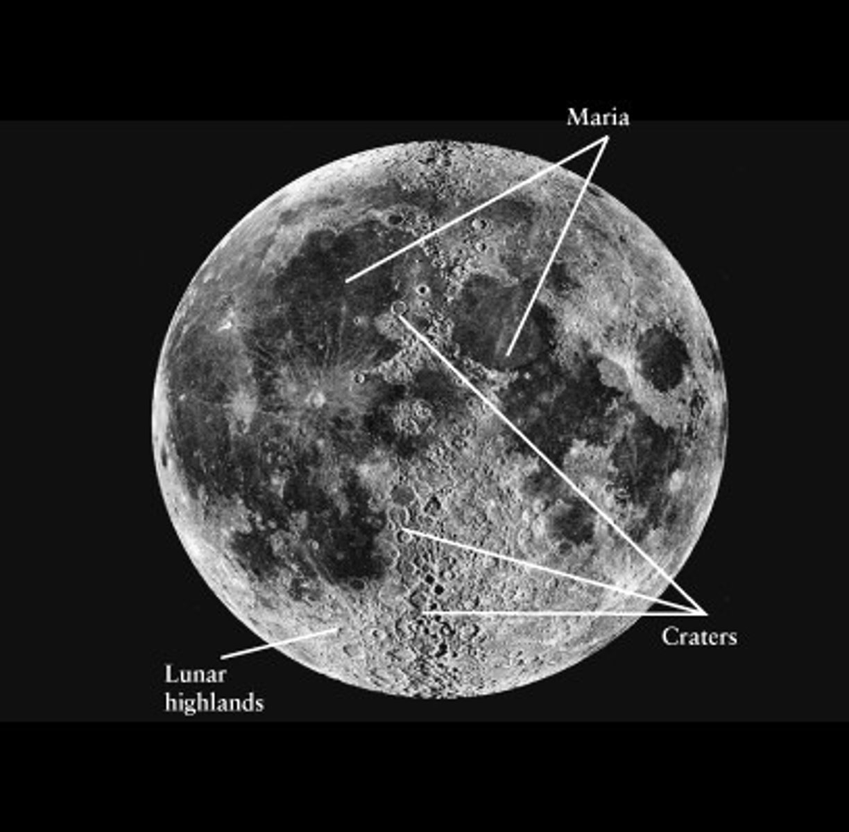 <p>The moon has small and large craters from impacts of meteorites. Maria are flat, dark areas on the moon surface made of cooled lava.</p>