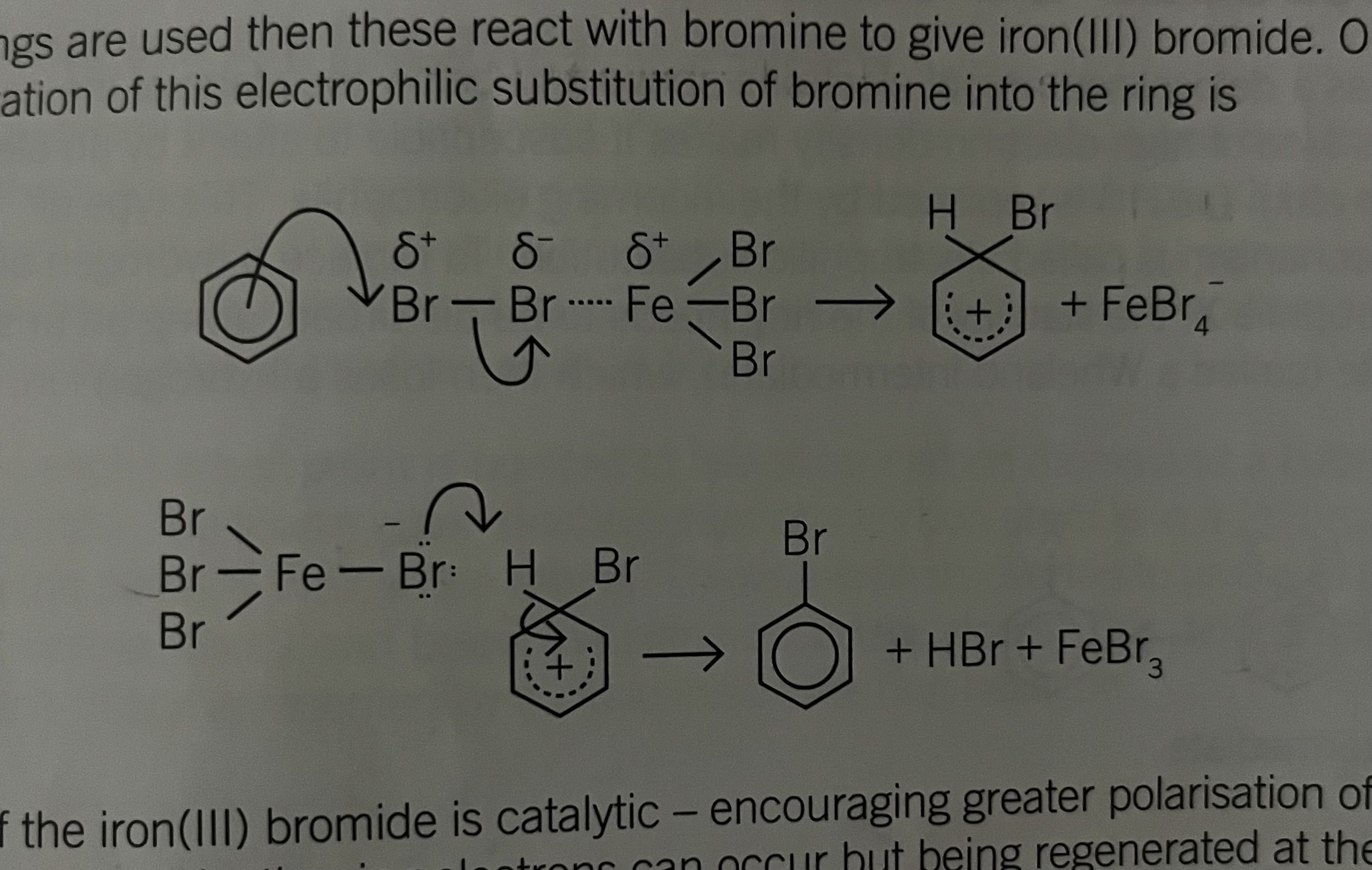 <p>The role of the iron bromide is catalytic encouraging greater polarisation of the Br-Br bond so that attack by the ring electrons can occur but being regenerated at the end of the reaction</p>