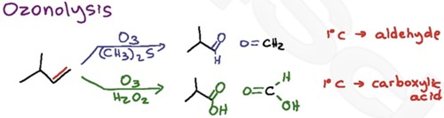 <p>Oxidative cleavage using ozone.</p><p>Secondary carbons always turn into ketones</p><p>Primary carbons turn into aldehydes if Zn in acetic acid (reductive work-up) or to carboxylic acids if H2O2 (Oxidative work-up)</p>