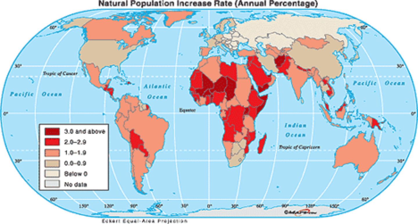 <p>Rate of Natural Increase; (crude birth rate) - (crude death rate)</p><p>does not factor in emigration and/or immigration.</p><p>RNI= (CBR-CDR) / 10 add a percent sign. Currently CBR=~20, CDR=~8. Hence positive global population growth.</p>