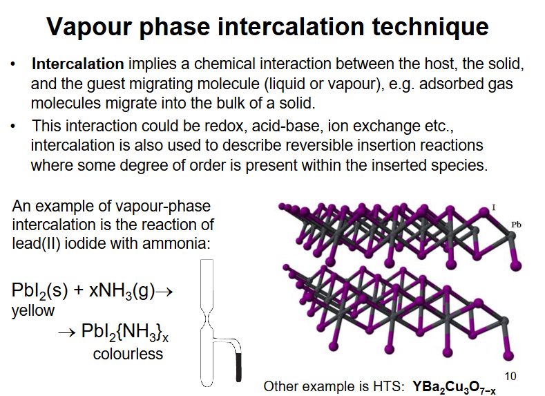 <p>needs porous / layered material to work and the gas needs affinity to the layers otherwise no bonding would occur. ex. lithium through graphite goes to LiC_6 and other ex. on slide</p>