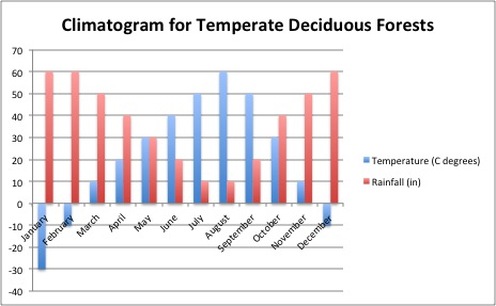 <p>No extreme temperatures.</p><p>Abundant year-round precipitation (750-1500 mm per year)</p><p>4 distinct seasons</p><p>Soil enriched by dropping leaves</p>