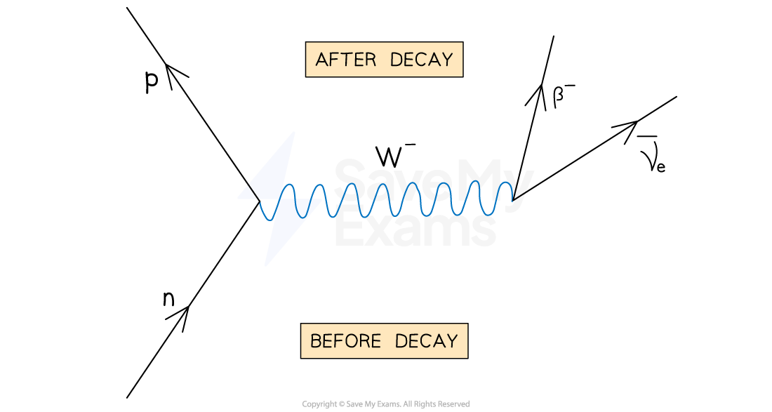 <p> β<sup>-</sup> decay - ________ interaction - exchange of ___ _______</p><p>β<sup>-</sup> particle (electron) has a…</p><p>During beta-minus decay:</p>