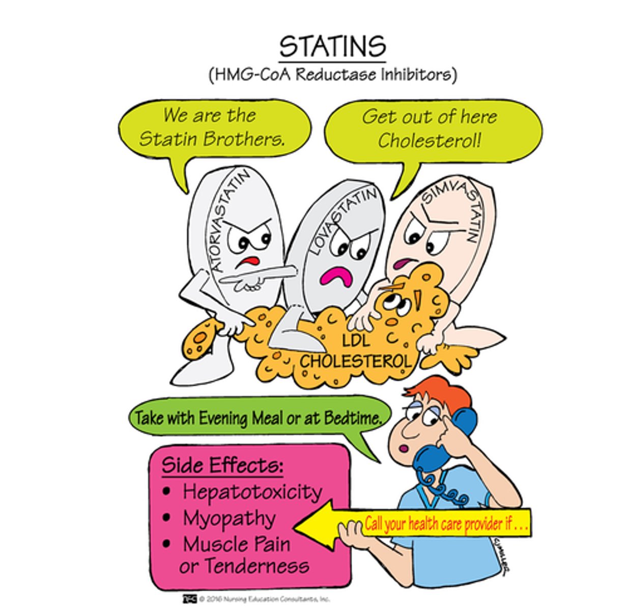 <p>MOA: inhibit HMG- CoA result in reduced LDL (keep the L's low) and increase of HDL</p><p>Indication: hyperlipidemia (first line) and prevention of cardiac disease </p><p>S- Sore muscle that progress to rhabdomyolysis (adverse effect) </p><p>T- Toxic liver (monitor ALT &amp; AST) </p><p>A- Avoid grapefruit and St. Wort </p><p>T- Take at night (cholesterol synthesis at night) </p><p>Administration: Oral, Take in evening for greatest effect, don't give to children under 8 cause their liver not mature </p>