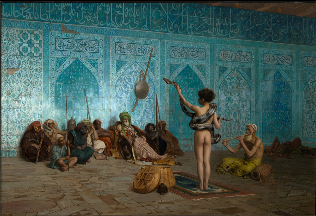 <ul><li><p>naked boy performing with serpent while man plays the flute</p></li></ul><ul><li><p>orientalism—depicts scene as if he witnessed it himself, implies nudity is normal there; scene is invented; merged many different cultures into one stereotypical monolith</p></li><li><p>Arabic country, background resembles mosque (nudity inappropriate)</p></li><li><p>detailed, naturalistic style</p></li></ul><p></p>
