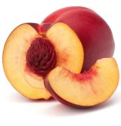 yellow-orange-red outside that is soft and smooth. The inside of the fruit is a light yellow color with a red pit in the center
