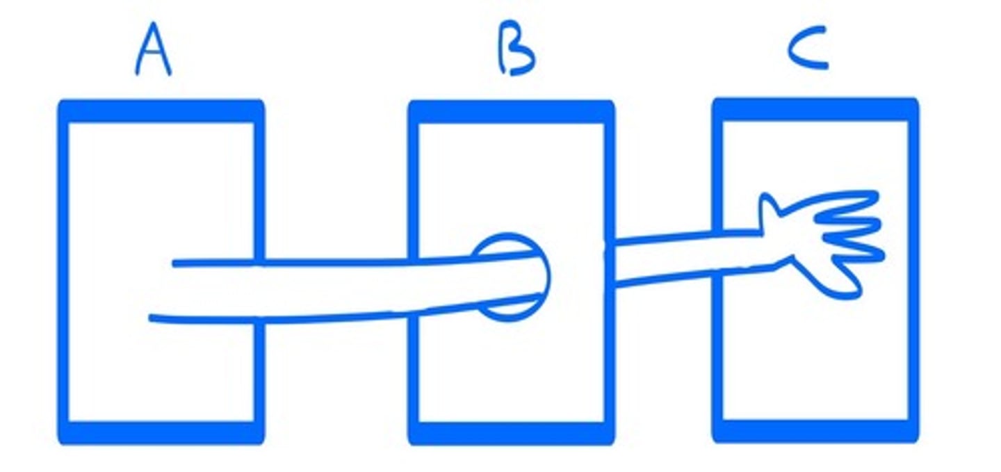 <p>A design guidelines for developing software that helps prevent coupling - principle of least knowledge.</p><p>Each class should have limited knowledge about other classes, only classes closely related.</p><p>A and C should not talk.</p><p>It helps ensure locality of change, prevents chain of responsibility, reduces dependencies and helps build components that are loosely coupled.</p>