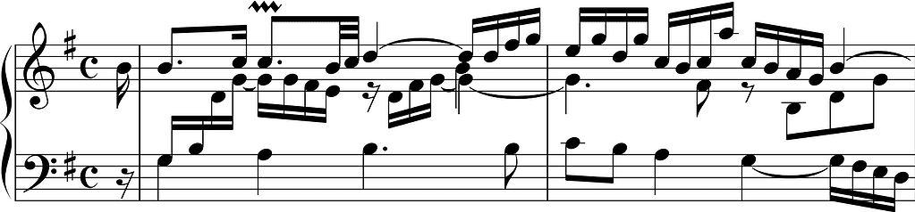 <p>J.S. Bach, French Suite No. 5 in G major BWV 816, Allemande, mm. 1–2 (see m. 1)</p>