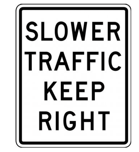 <p>What does a Slower Traffic Keep Right sign instruct?</p>