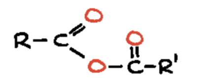 <p>two acyl groups (R-C=O) joined by a single oxygen atom, with the general formula 𝑅−𝐶(=𝑂)−𝑂−𝐶(=𝑂)−𝑅′</p>