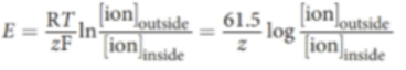 <p>used to determine membrane potential from intra/extra-cellular concentrations of various ions<br>R: ideal gas constant<br>T: temperature (kelvins)<br>z: charge of ion<br>F: Faraday constant</p>